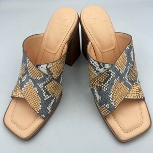 Marc Fisher Barli Slide Sandals Heeled Leather Snake Print Orange 9.5M NEW